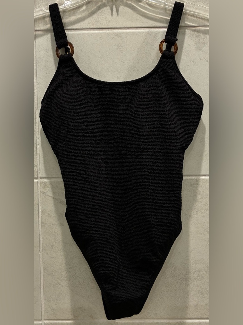 NWT Shade & Shore Black Textured One Piece Swimsuit High Leg Small (4-6)